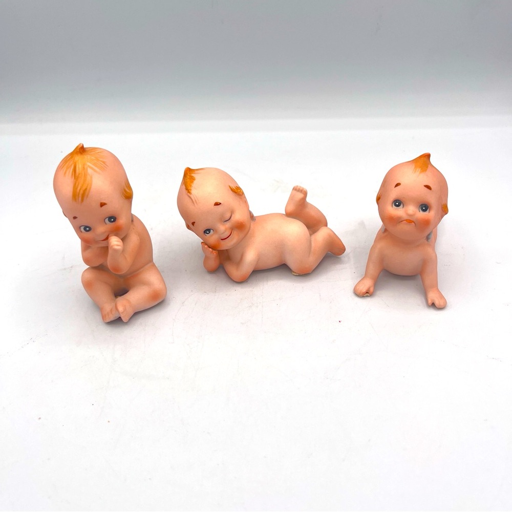 Vintage Lefton Kewpie Baby Dolls Bisque Figurines Blue Wing Angel Cupids Set 3